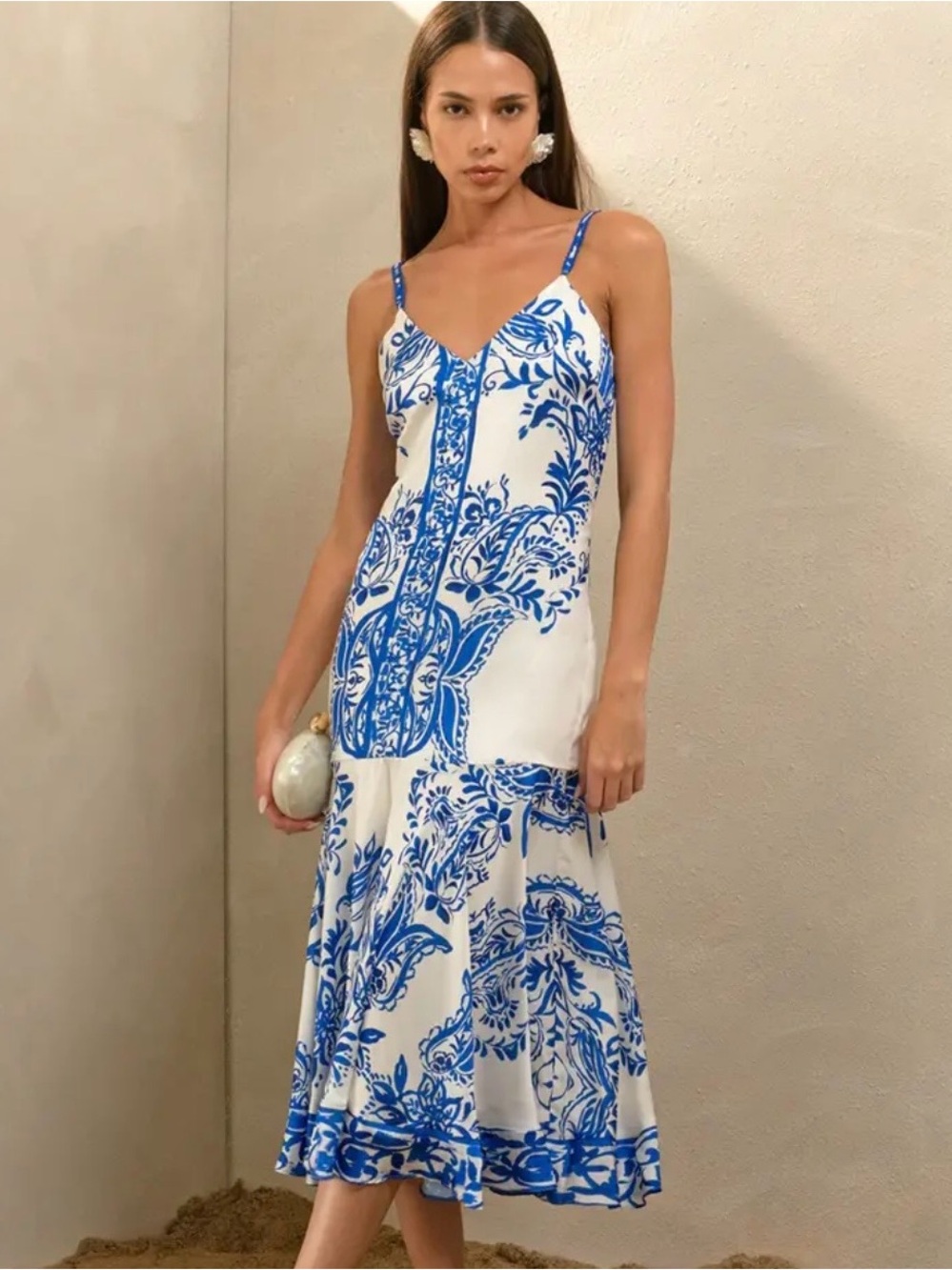 Adelyn Rae White Midi Slip Dress with Blue Botanical Print